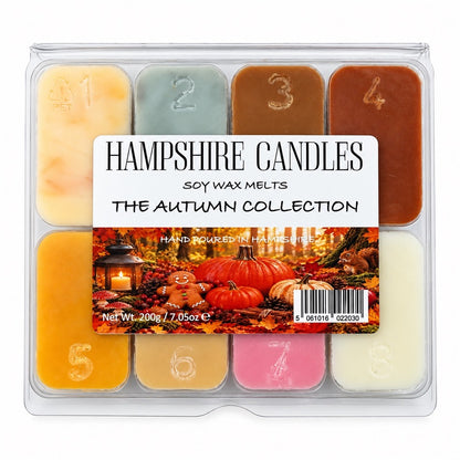 Autumn Collection Box by Hampshire Candles, front view of 8 numbered soy wax melts with a label showing pumpkins, a gingerbread man, a lantern and a squirrel, 200g