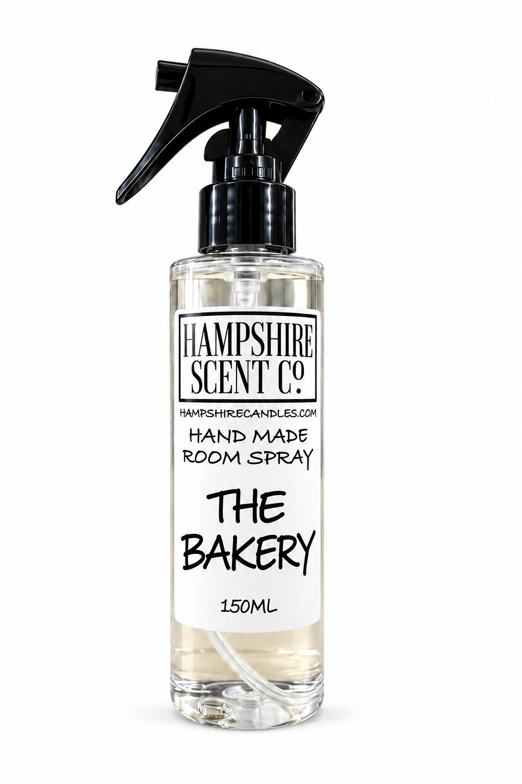 The Bakery room spray, 150ml clear bottle with black trigger spray and Hampshire Scent Co. label