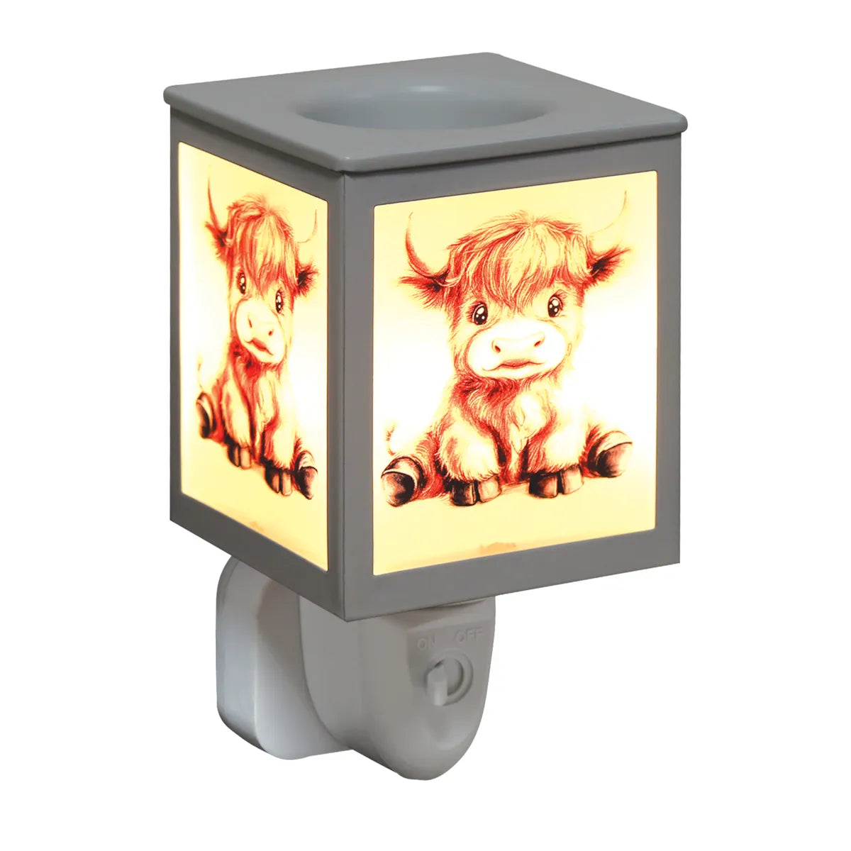 Electric Highland Calf wax warmer with illuminated frosted glass design and glass wax dish