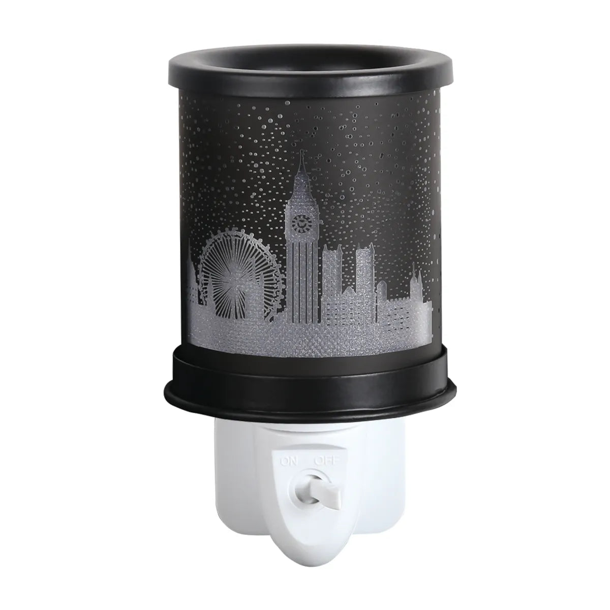 Electric London skyline wax warmer with illuminated ceramic silhouette and glass dish