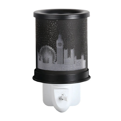 Electric London skyline wax warmer with illuminated ceramic silhouette and glass dish