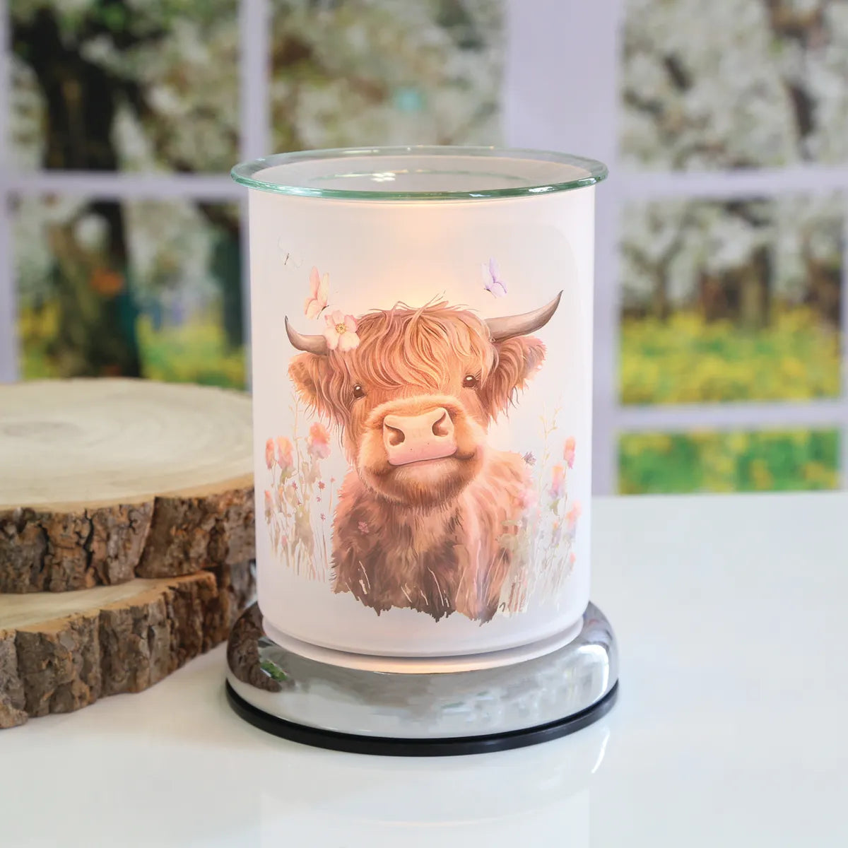 Electric wax melter Highland cow design with wax melts in living room