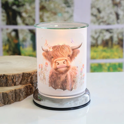 Electric wax melter Highland cow design with wax melts in living room
