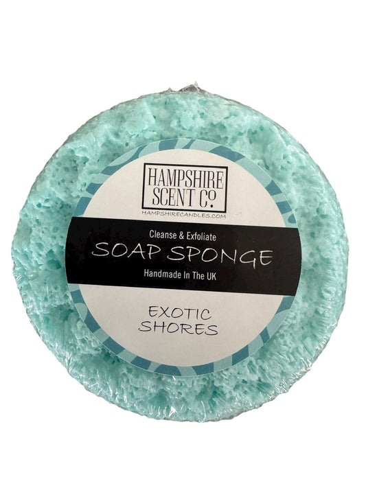 "Luxury Exotic Shores soap sponge bringing tropical vibes to shower"