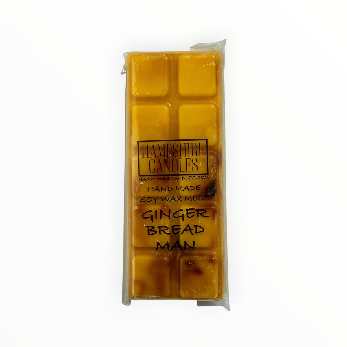 Front view of the Gingerbread Man Mini Snap Bar wax melt with Hampshire Candles label