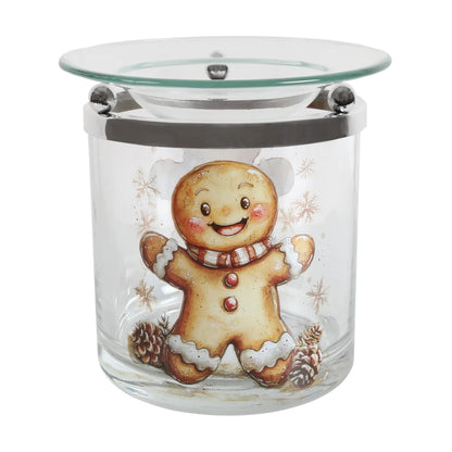 Festive Gingerbread glass tealight wax melt burner 10cm with Gingerbread Man, snowflake and pinecone Christmas design.
