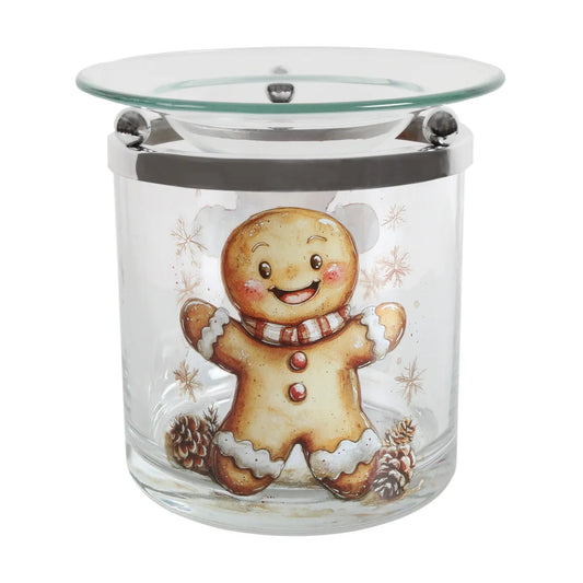Festive Gingerbread glass tealight wax melt burner 10cm with Gingerbread Man, snowflake and pinecone Christmas design.