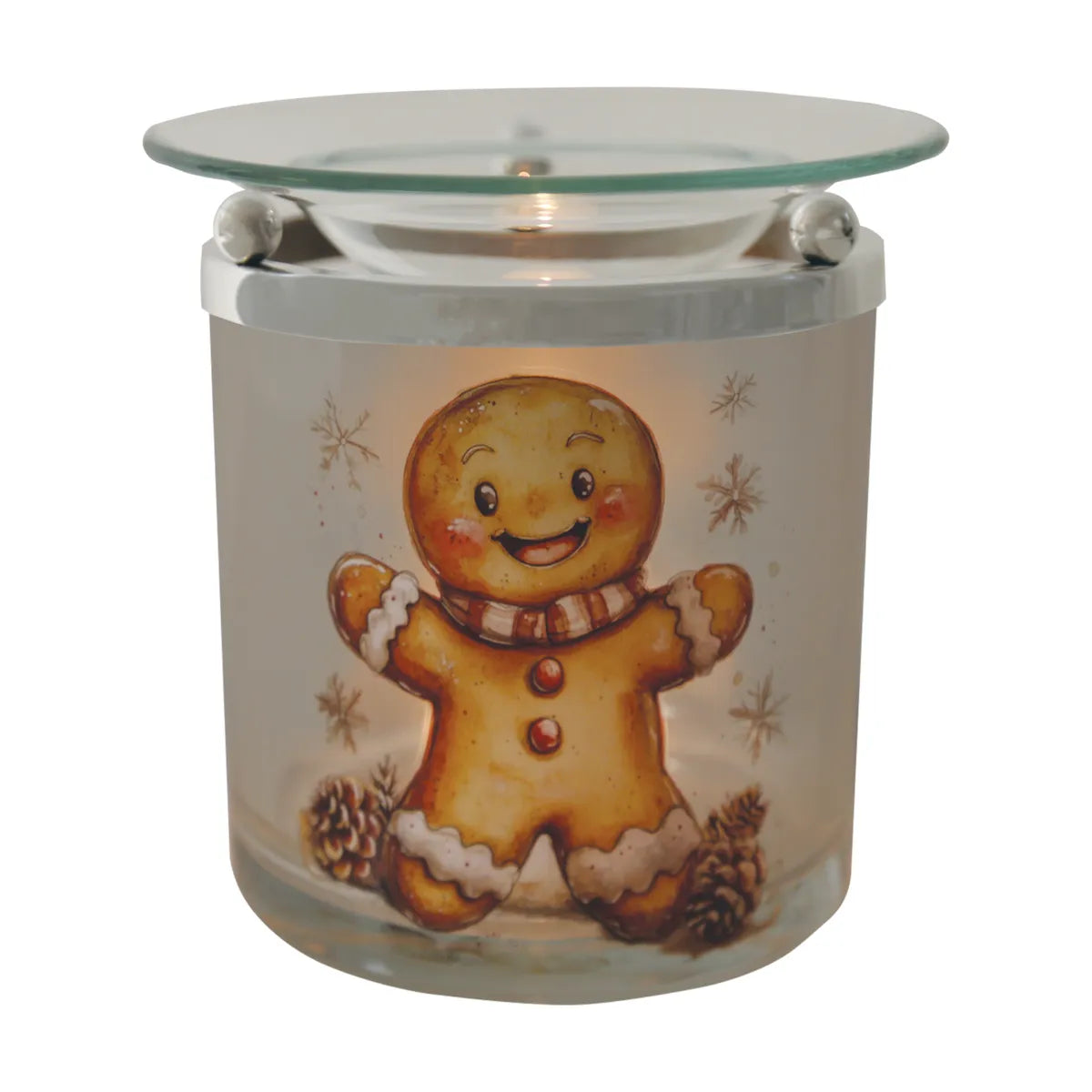 Festive Gingerbread glass tealight wax melt burner displayed with Christmas decorations while warming scented Christmas wax melts.