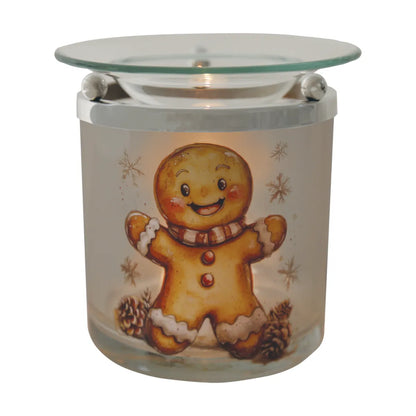 Festive Gingerbread glass tealight wax melt burner displayed with Christmas decorations while warming scented Christmas wax melts.