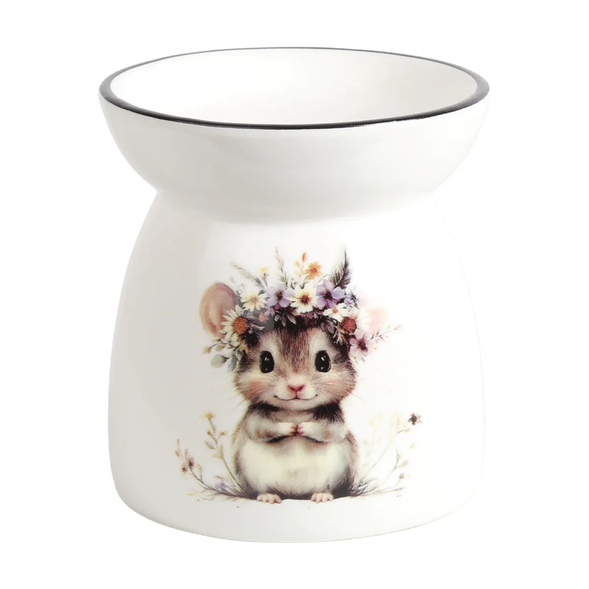 Floral Mouse tealight wax melt burner 11cm in white ceramic featuring an adorable mouse wearing a delicate floral headpiece.