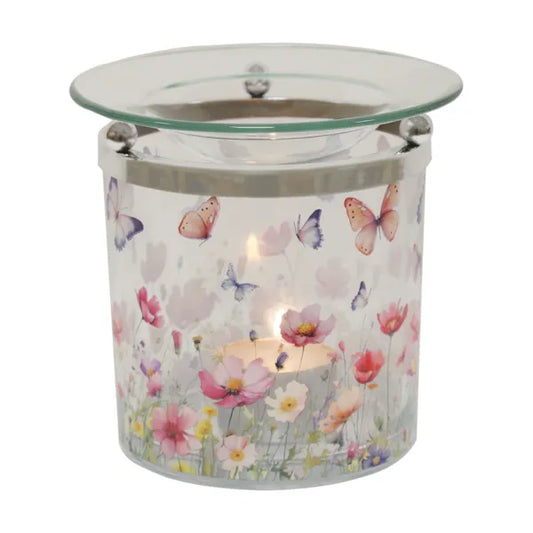 Floral butterfly wax melt burner pink and lilac meadow design with tealight glow