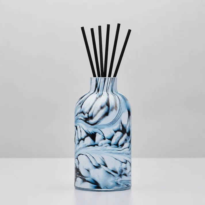 Forme Smoke Reed Diffuser with contemporary marbled grey and black design, measuring approximately 14cm x 6.5cm.