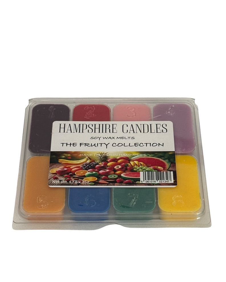 “Fruity wax melt selection box with vibrant, sweet fruit-scented soy wax melts in colourful packaging”