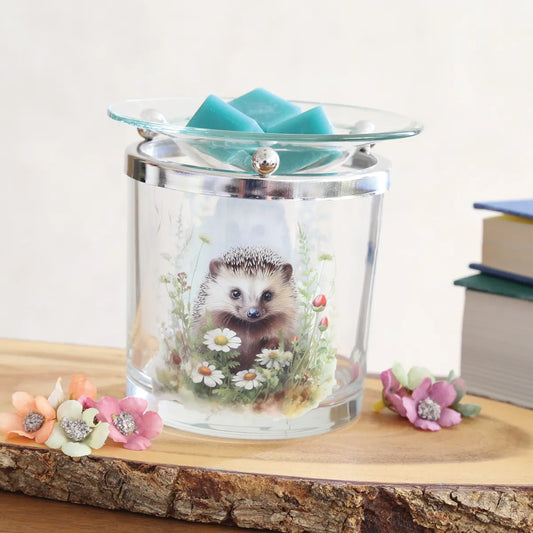 Glass Hedgehog wax melt warmer with chrome-effect frame and removable glass dish