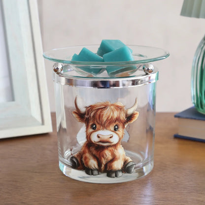 Glass Highland Calf wax warmer with chrome-effect frame and removable glass wax dish