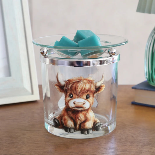 Glass Highland Calf wax warmer with chrome-effect frame and removable glass wax dish