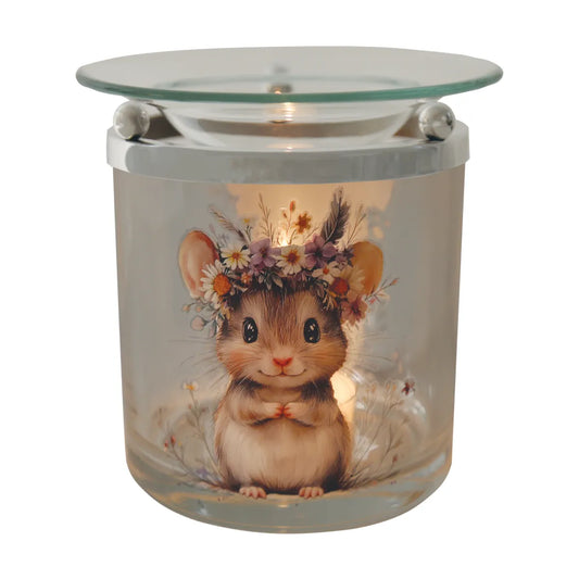 Glass Mouse wax melt warmer with chrome-effect frame and removable glass wax dish