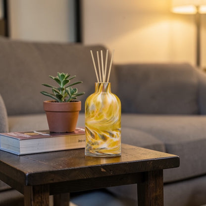 Glass reed diffuser bottle ember tones amber ochre charcoal