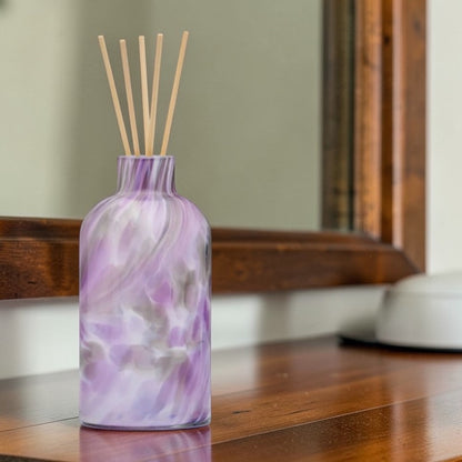 Glass reed diffuser bottle lavender haze calming design UK