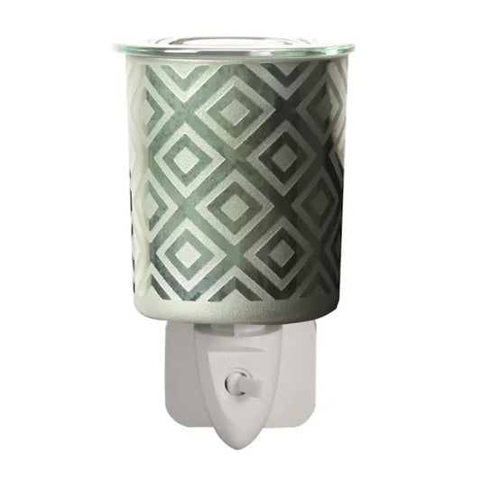 Green diamond plug-in wax melt burner with satin finish and bold diamond pattern, 13cm electric wax melter