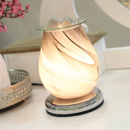 "Grey Swirl Oval Touch Electric Wax Melt Burner with elegant glass design, perfect for melting wax and adding fragrance to your home."
