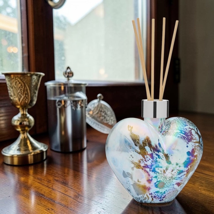 Handmade reed diffuser bottle UK silver heart black holder design