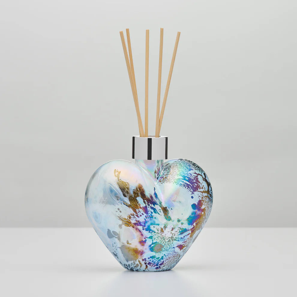 Heart pastel silver reed diffuser bottle with black frame holder UK