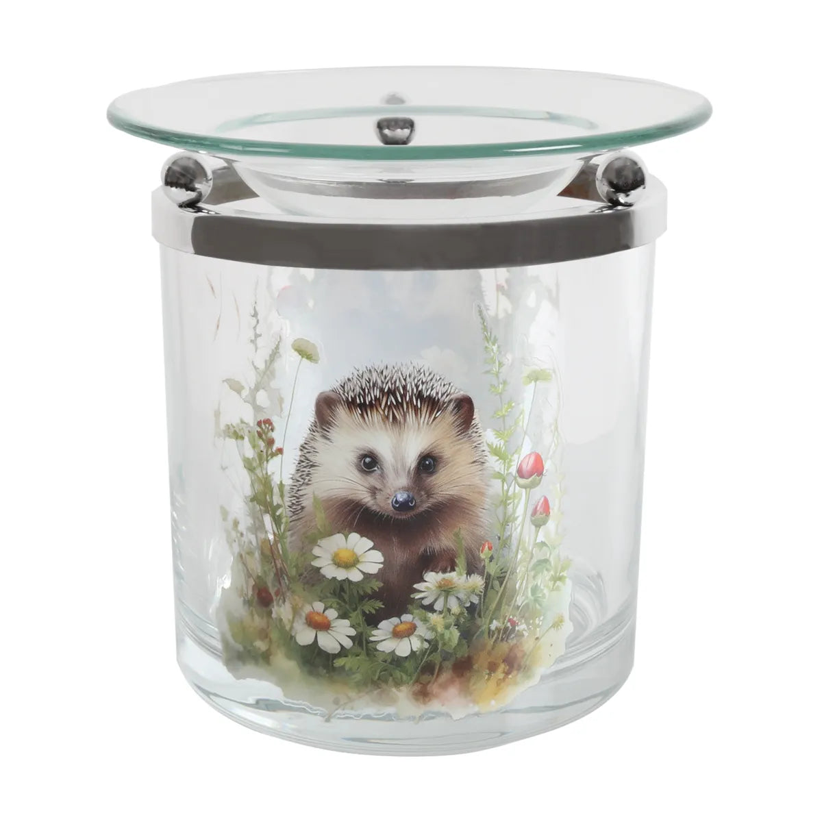 Hedgehog tealight wax melt burner 10cm with colourful wildflower glass design