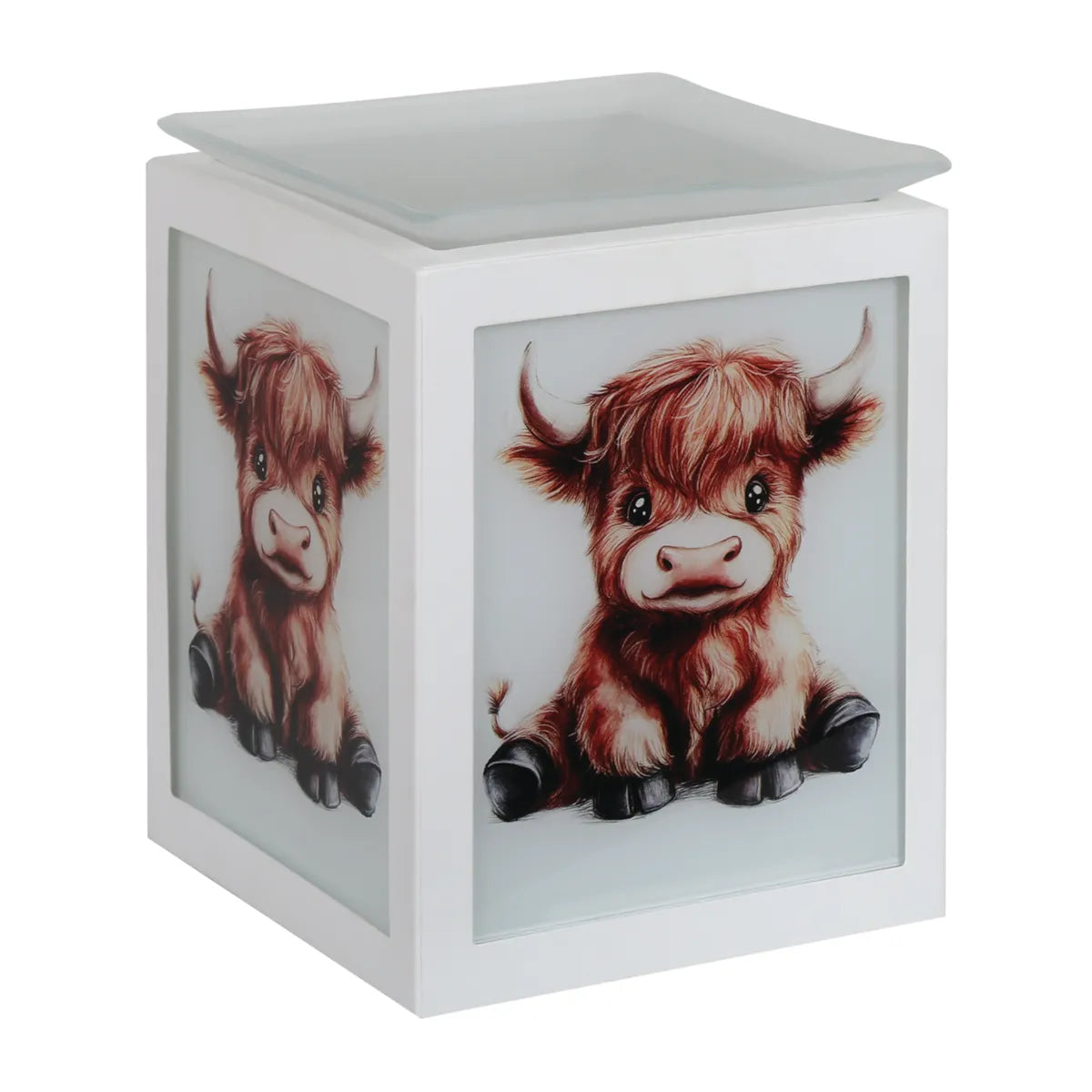 Highland Calf electric wax melt burner 14cm with white frosted glass panels and seated Highland calf design.
