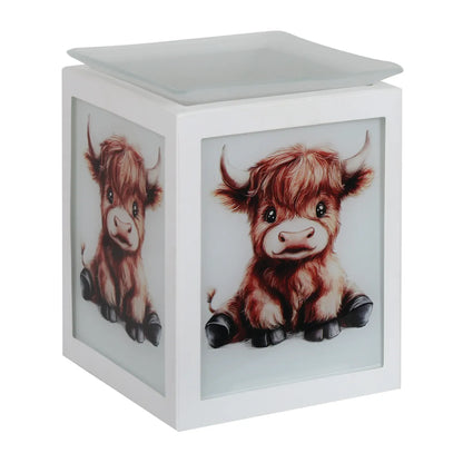Highland Calf electric wax melt burner 14cm with white frosted glass panels and seated Highland calf design.