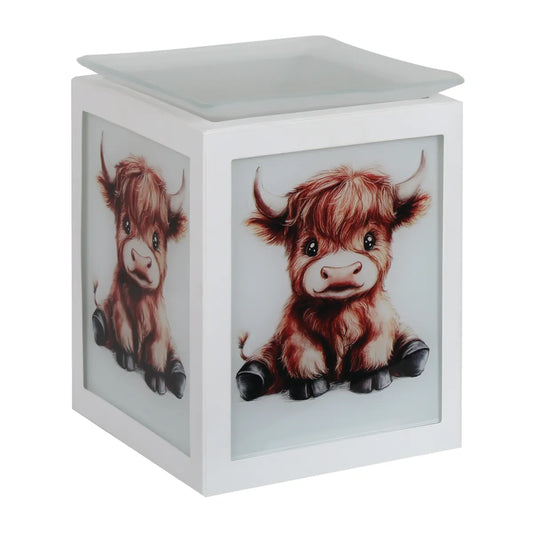 Highland Calf electric wax melt burner 14cm with white frosted glass panels and seated Highland calf design.