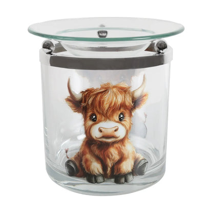 Highland Calf tealight wax melt burner 10cm with wildflower glass design
