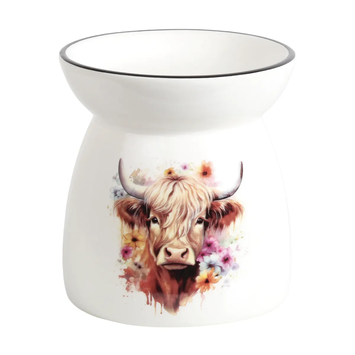 Highland Meadow Highland Cow tealight wax melt burner 11cm in smooth white ceramic with delicate coloured floral detailing.