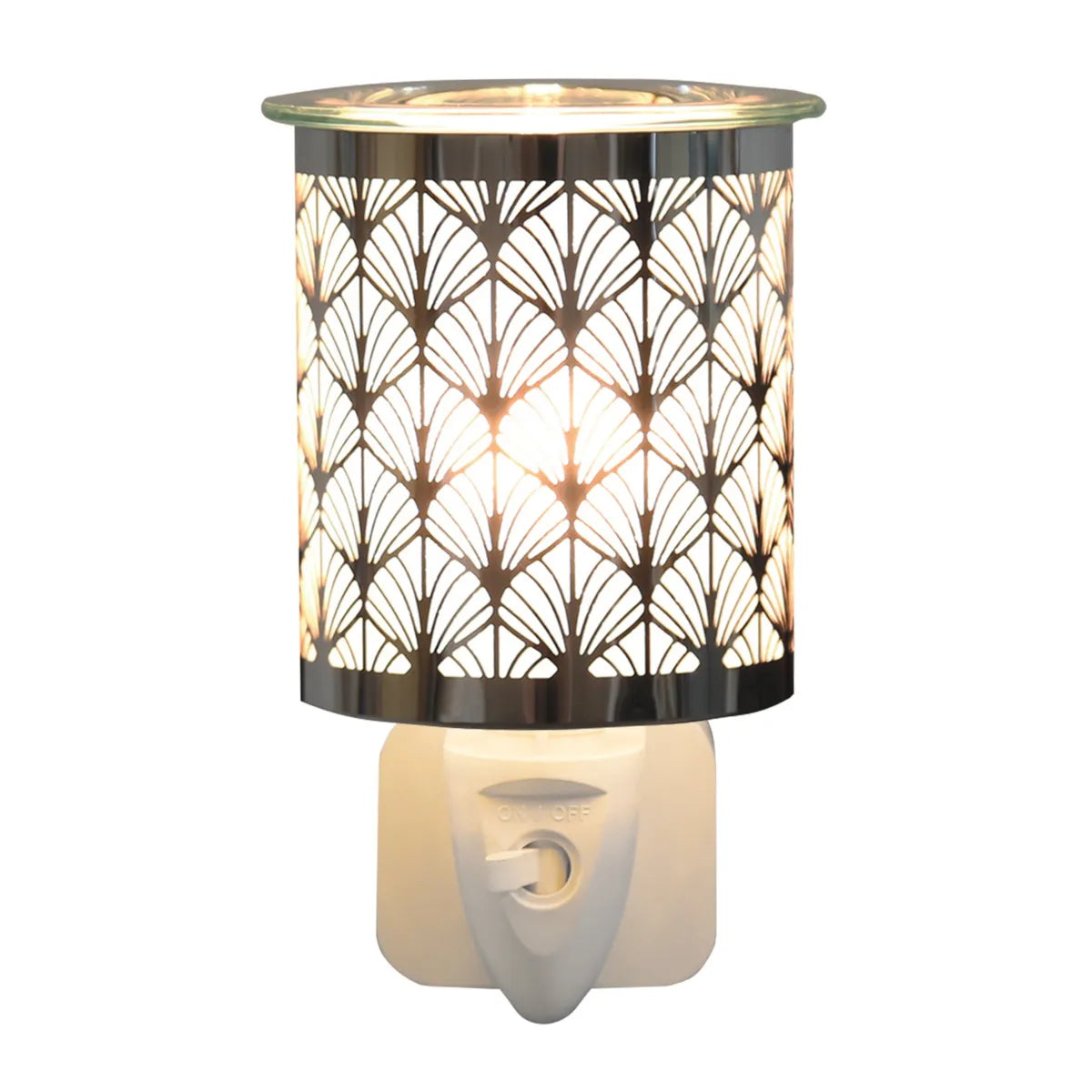 Illuminated chrome fan wax warmer creating a warm ambient glow
