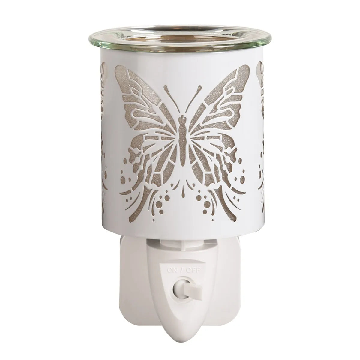 Illuminated white and gold butterfly wax warmer with decorative silhouette design