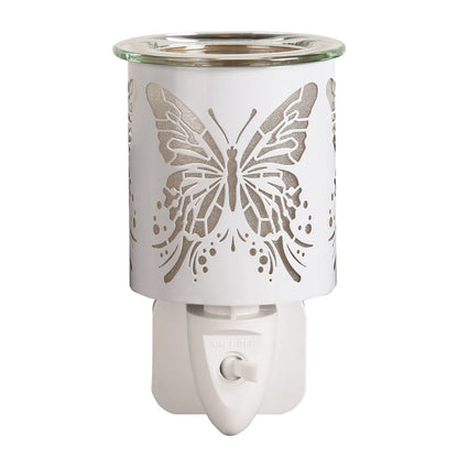 Illuminated white and gold butterfly wax warmer with decorative silhouette design