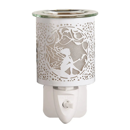Illuminated white and gold fairy wax warmer with decorative silhouette design