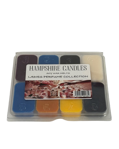 “Ladies perfume-inspired wax melt collection box featuring 8 designer fragrance melts in elegant packaging”