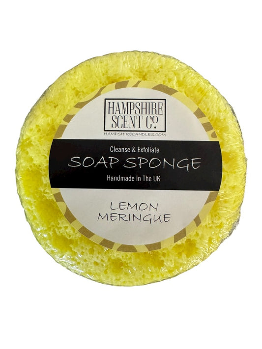 Lemon Meringue Soap Sponge – bright yellow exfoliating sponge with a creamy lather and citrus scent, perfect for glowing skin.