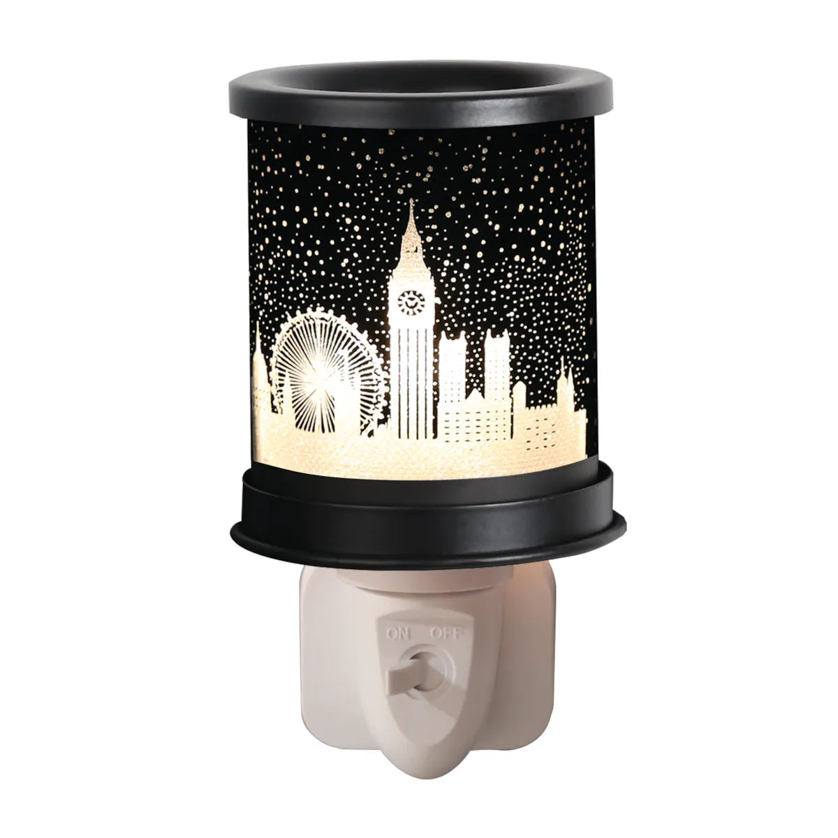 London plug-in wax melt burner 13cm with Big Ben, Westminster Abbey and London Eye silhouette