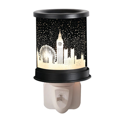 London plug-in wax melt burner 13cm with Big Ben, Westminster Abbey and London Eye silhouette