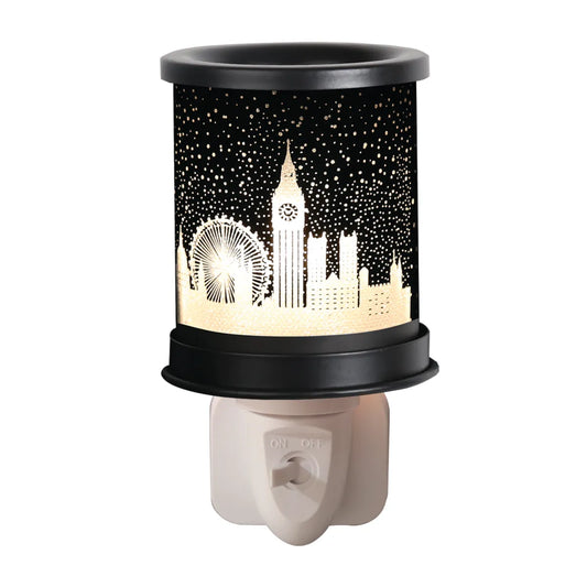 London plug-in wax melt burner 13cm with Big Ben, Westminster Abbey and London Eye silhouette