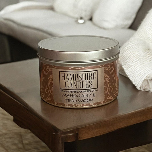 Premium soy wax Mahogany and Teakwood tin candle, perfect for a sophisticated ambiance