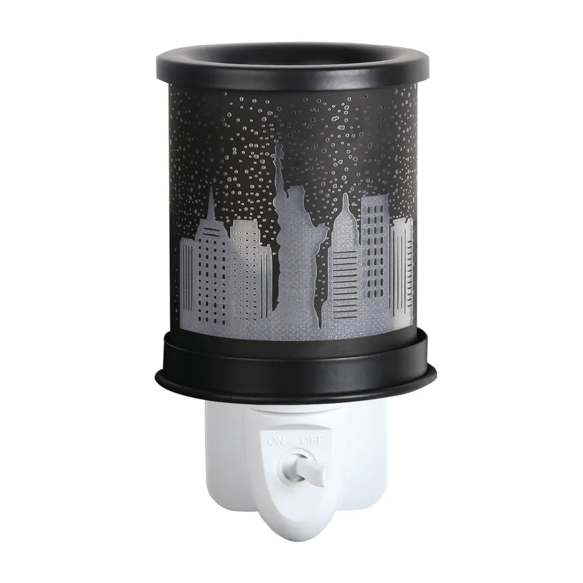 Modern New York silhouette electric wax melt burner with glass dish and warm glow
