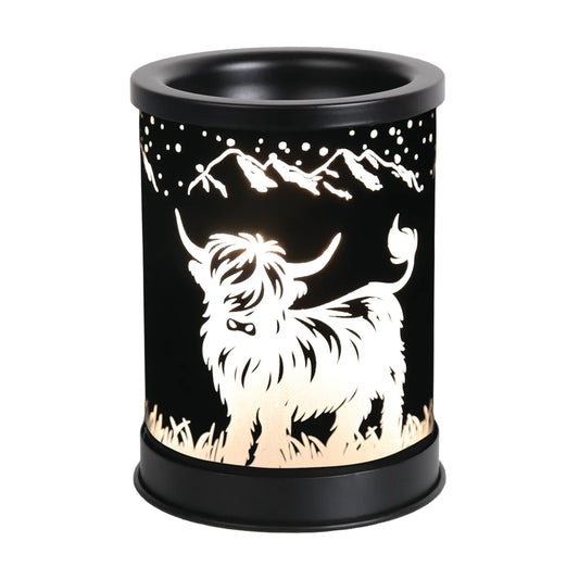 Mountain Highland electric wax melt burner 15cm with Highland Cow silhouette and snowy mountains