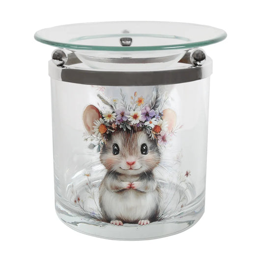 Mouse tealight wax melt burner 10cm with floral headpiece and clear glass design