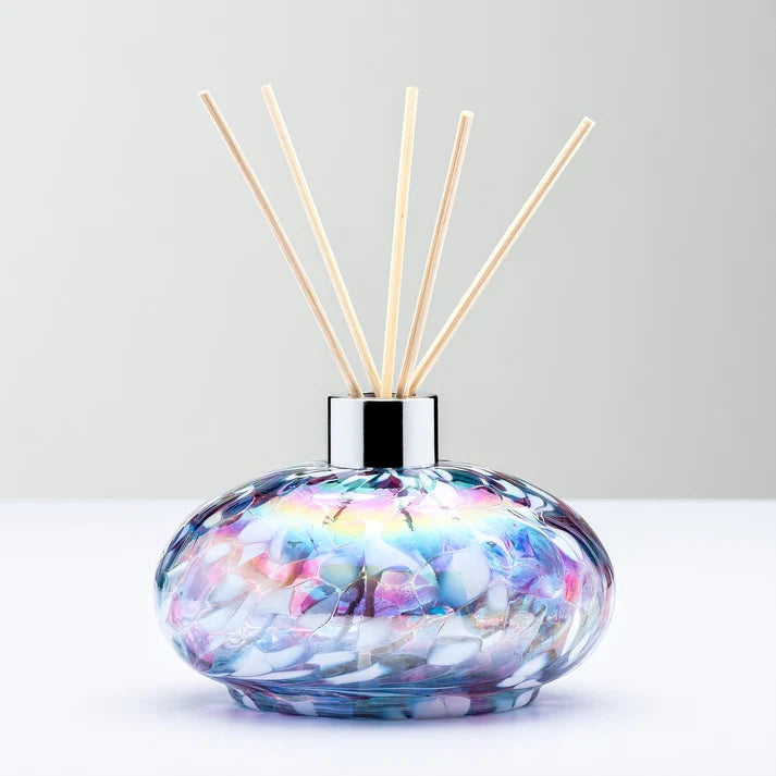 Oval Blue and Pink Glass Reed Diffuser 550ml with handcrafted mouth-blown glass design and five diffuser reeds.