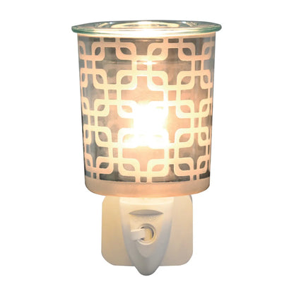 Pewter squares plug-in wax melt burner with geometric cut-out design and glass dish