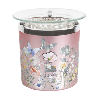 Pink butterfly tealight wax melt burner with decorative butterfly cut-out design