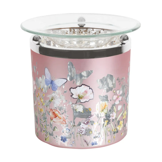 Pink butterfly tealight wax melt burner with decorative butterfly cut-out design